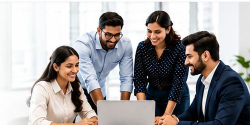 Ethivox training team collaborating at a laptop